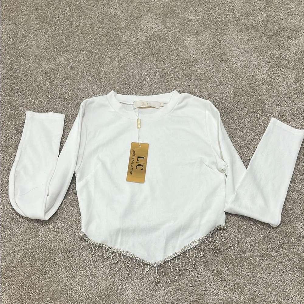 White Long Sleeve Top with Beaded Hem